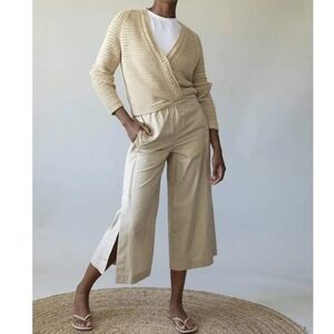 Vince Wide Leg Cropped Pants Cotton Blend Beige Drawstring Waist Women L
